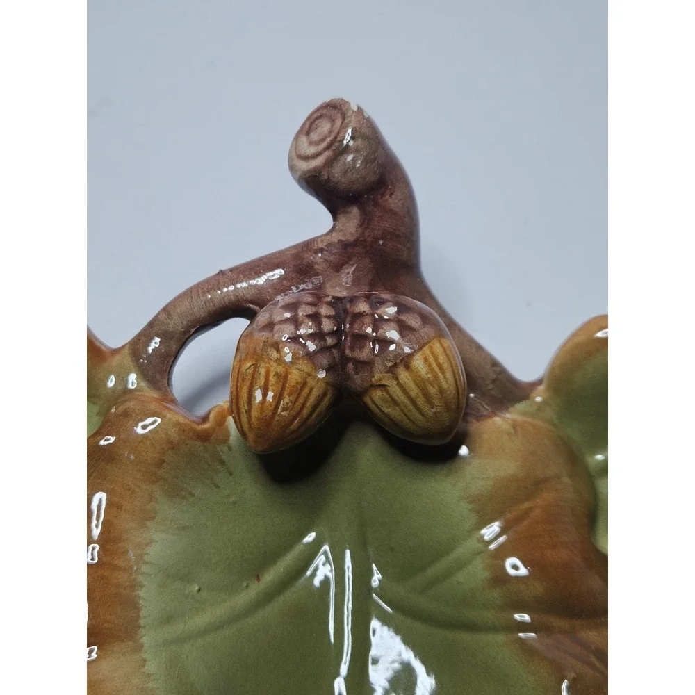 Vintage Majolica Style Ceramic Oak Leaf Acorn 3 Section Relish Dish Fall Tray